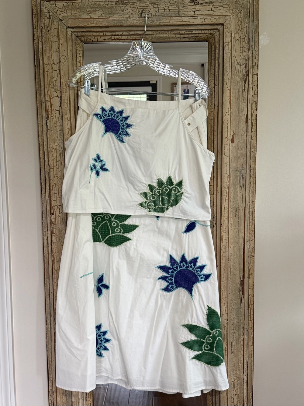 Matching Midi Skirt and Top with Blue & Green Floral Appliqué